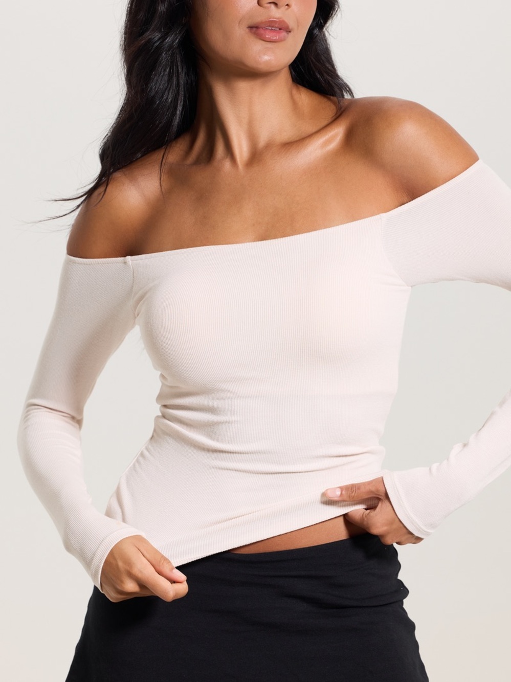 Klassy Network Off-Shoulder Brami Ribbed Long Sleeve Top